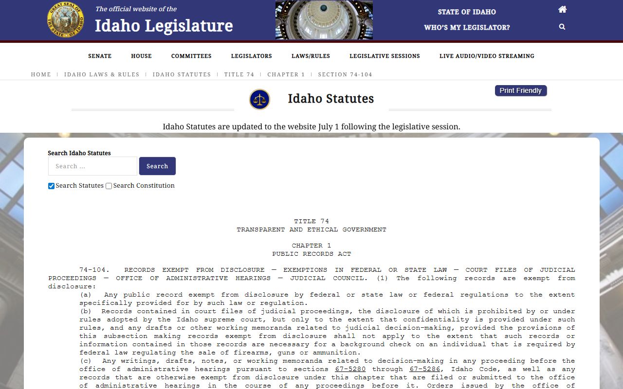 Caribou County court dockets Idaho Code public records exemption section