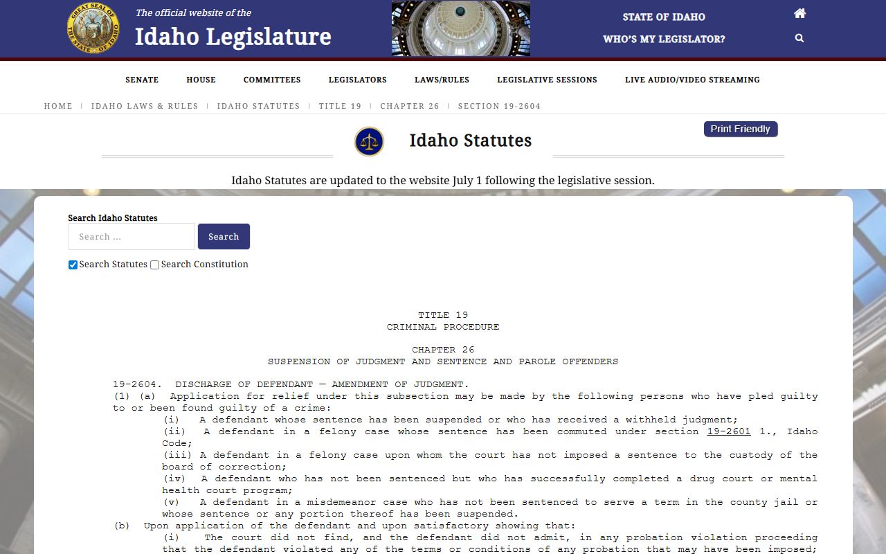 Caribou County court dockets Idaho Code withheld judgment relief section