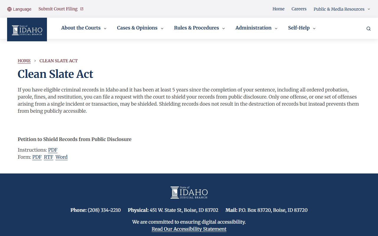 Caribou County court dockets Idaho Clean Slate record shielding guidance