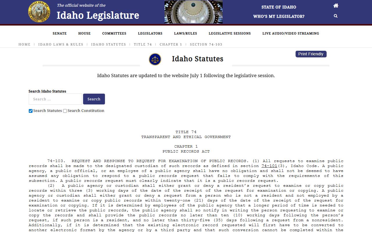 Caribou County court records Idaho Code public request timing statute