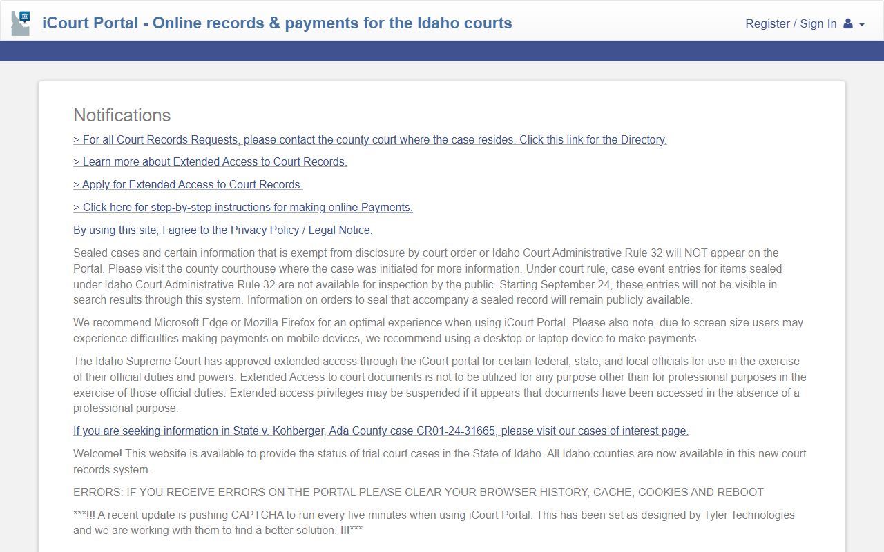 Idaho iCourt portal for case search hearings and payments