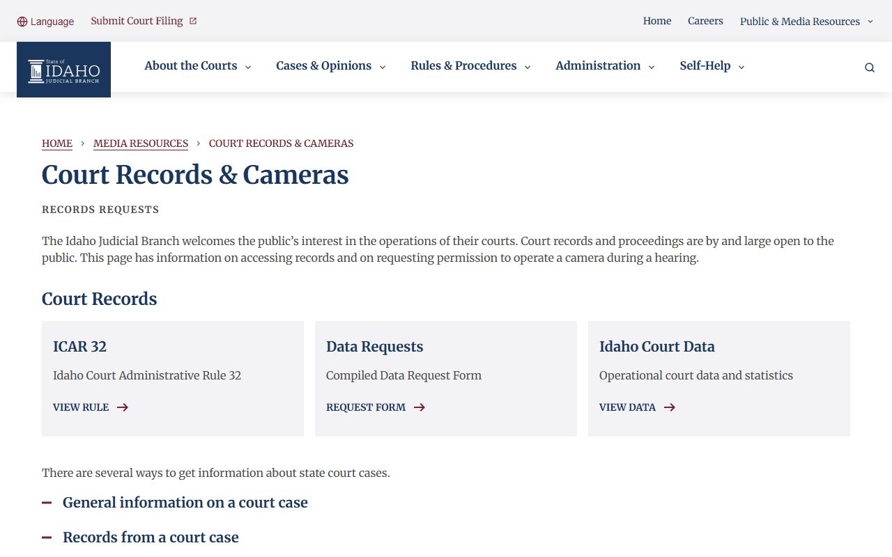 Idaho Judicial Branch court records access channel guidance