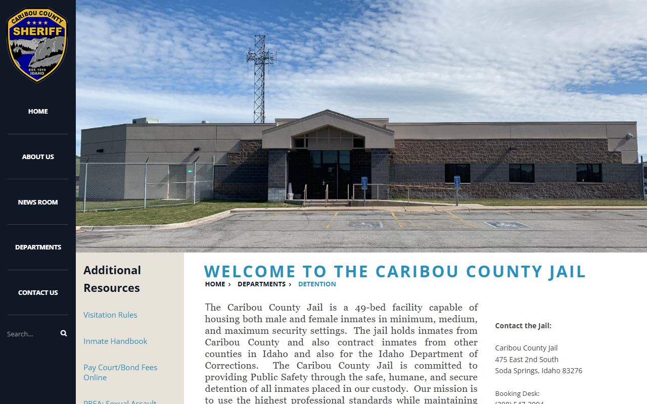 Caribou County Jail page with address and custody-related links