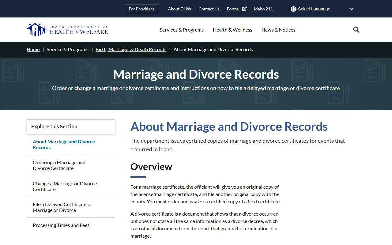 Caribou County divorce records Idaho marriage and divorce certificate access