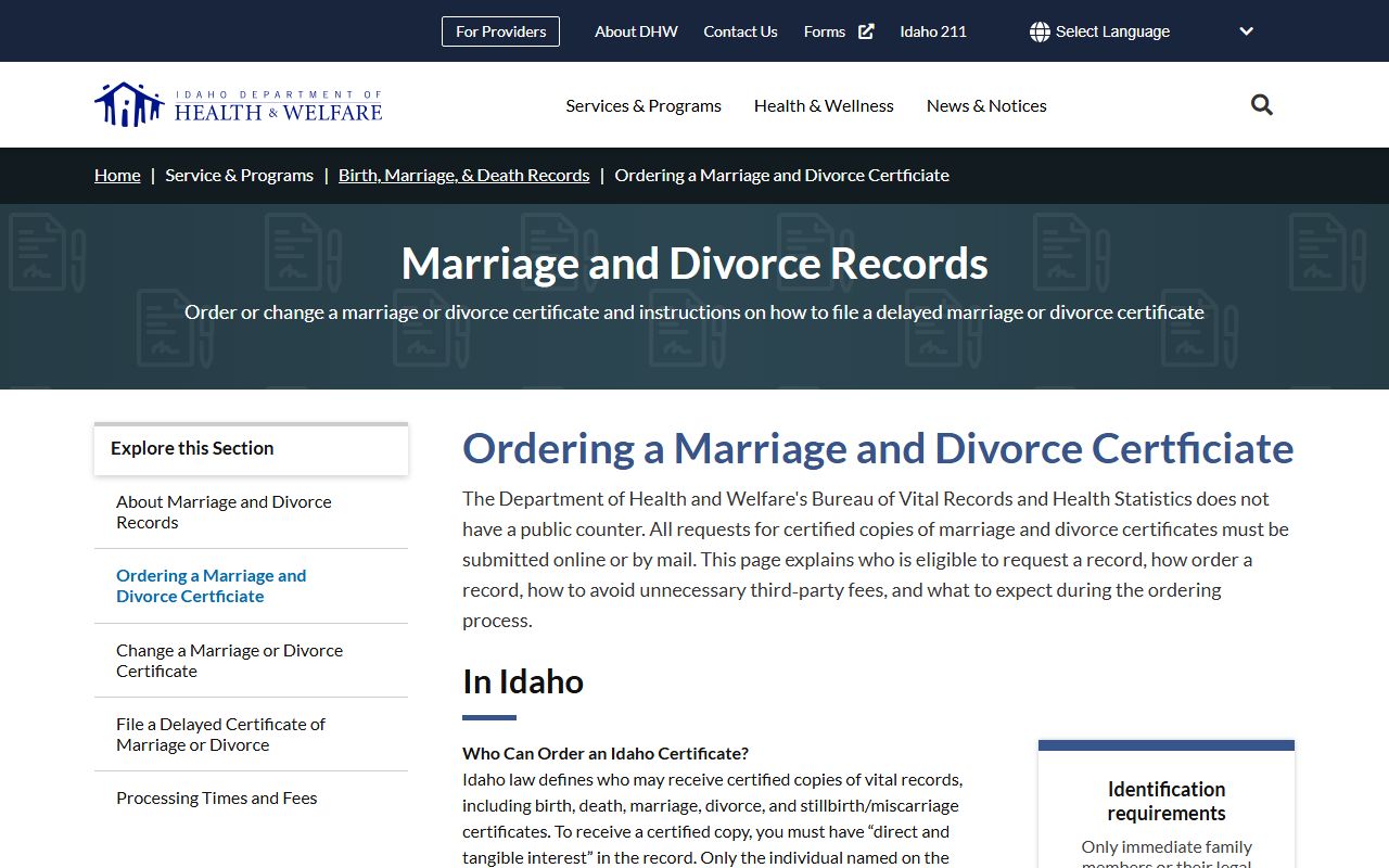 Caribou County marriage and divorce records certificate ordering