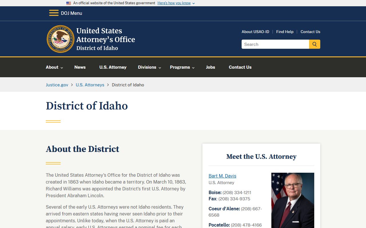 Caribou County probate records U.S. Attorney District of Idaho reference