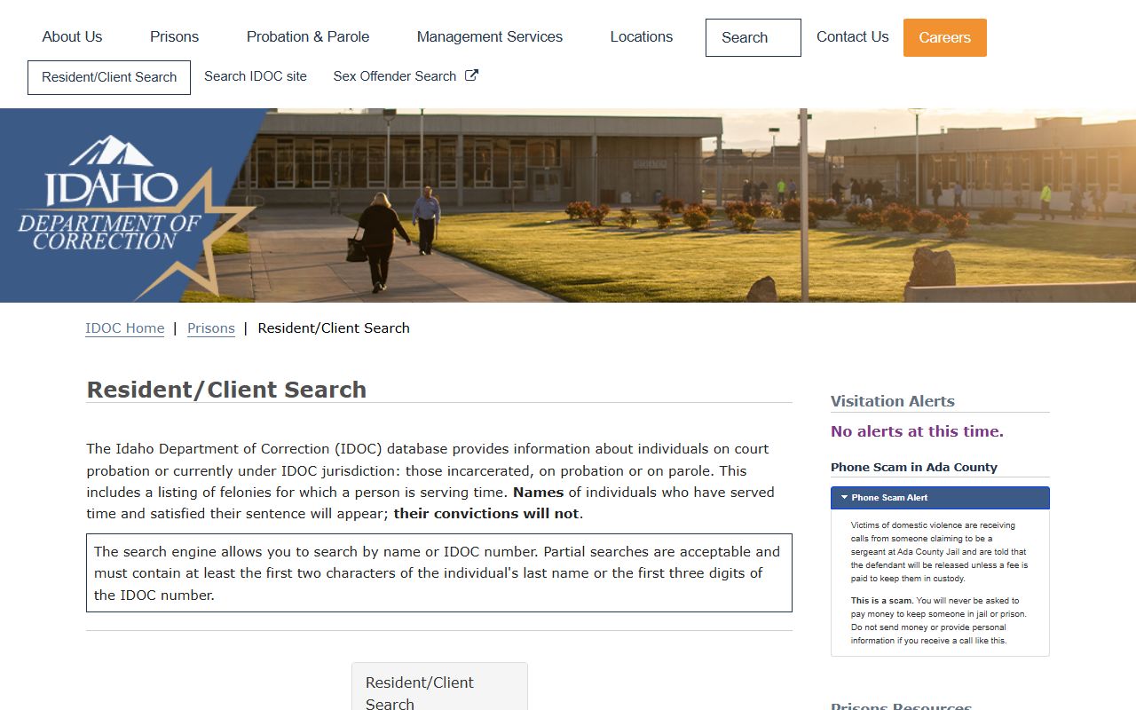 Idaho Department of Correction resident client search for custody and warrant status