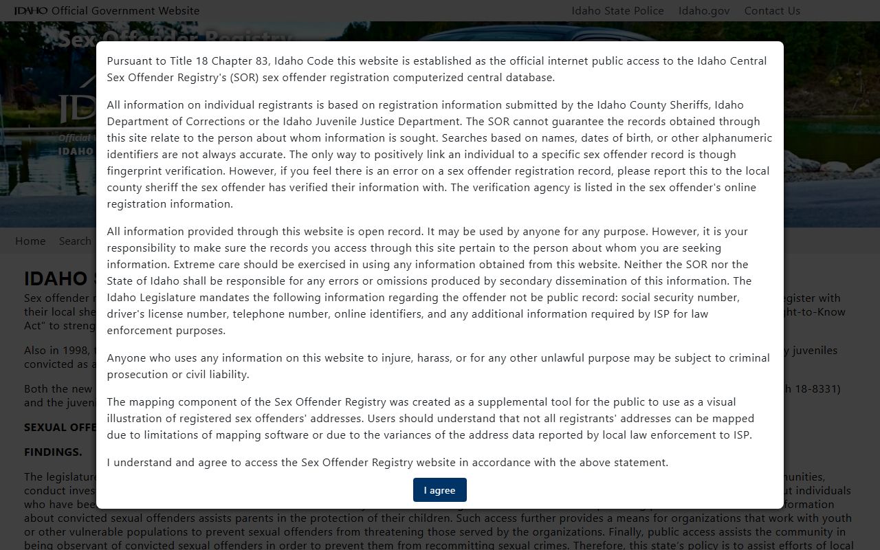 Idaho State Police sex offender registry public search resource