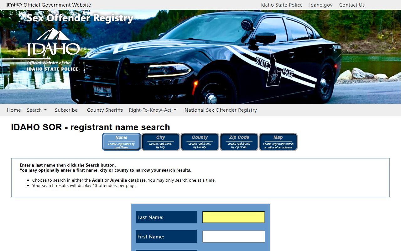 Idaho State Police sex offender registry name search fields